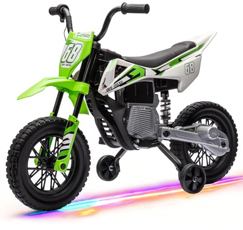 HAUSPROFI Elektro Kindermotorrad mit Bluetooth, Elektromotorrad mit 2 Stützrädern, Kinder Motorrad Elektrisch mit Musik, Elektromotorrad für Kinder 3–6 Jahre, 3-5 km/h, Grün