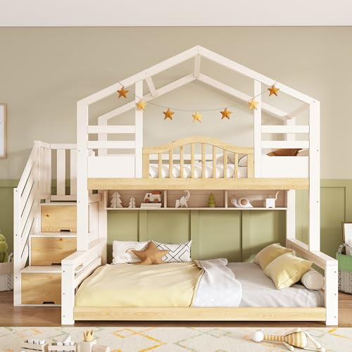 Merax Double Bunk Bed,Children's triple sleeper Bunk beds,with Storage Stair&Shelf&Fall Protection and Railings&Smallhouse Shaped Design, Solid Wood, White&Natural(90+135) x190cm