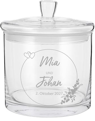Herz & Heim® Vorratsglas personalisiert mit Gravur als Hochzeitsgeschenk – Leonardo Glas mit Namen & Datum als Geschenk zur Hochzeit – Glasdose Geldgeschenk für Brautpaar