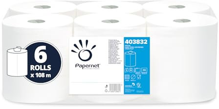 Papernet - Essuie-Mains en Papier en Rouleau à Dévidage Centrale 403832, Paquet de 6 Rouleaux en Papier de 105 m Chacun, 2 Plis, 2.700 Services de 19x23 cm, Blanc