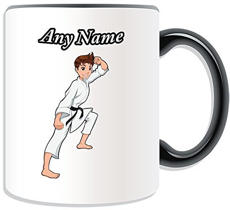 Regalo personalizado – Karate taza (artes marciales diseño tema, colores) – cualquier nombre/mensaje en su único – Kung Fu Kungfu japonés Japón Ryukyu Kingdom Karateka, cerámica, negro