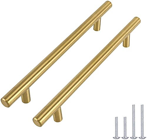 goldenwarm 5 Stück Möbelgriffe 128mm Lochabstand Gold Griffe Möbel Gold Schrankgriffe Gold -LS201GD128 Möbelgriffe Gold Möbelgriffe Edelstahl 128mm Griffe für Küchenschränke Gold