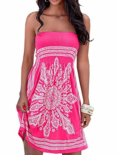 EMMA Femme Robe Eté Bustier Epaule Bohème Coloré Floral Casual Mini Plage, Rose - L