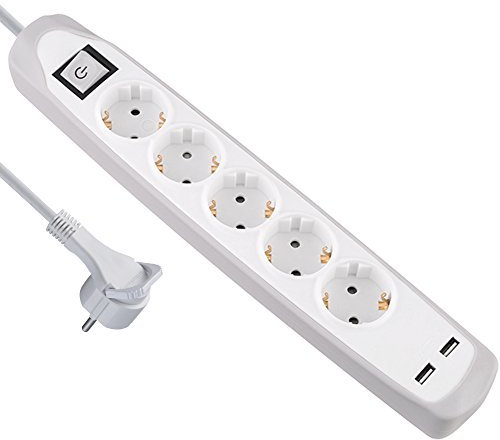 Electraline 62159, Steckdosenleiste 5-Fach mit Schalter + 2 USB 2.1A, Kabel 2m / Mehrfachsteckdose / Tischsteckdose / Steckerleiste / Steckerleiste, Extra Flacher Stecker