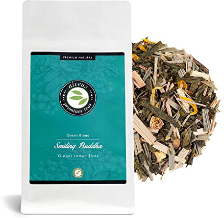 Smiling Buddha Grüner Tee Lose Ingwer Zitrone, Aromatisierter Tee mit Zitronengras, (ca. 40 Tassen) 100 Gramm von alveus