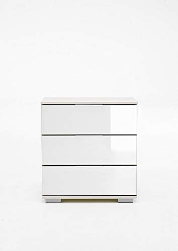 Nachtschrank Olha 2 2er Set Nachtkonsole weiß+Glas weiß (3 Schubkästen) 52x58x38cm Schrank Beistellschrank Nachtkommode Schubladen Nachttisch