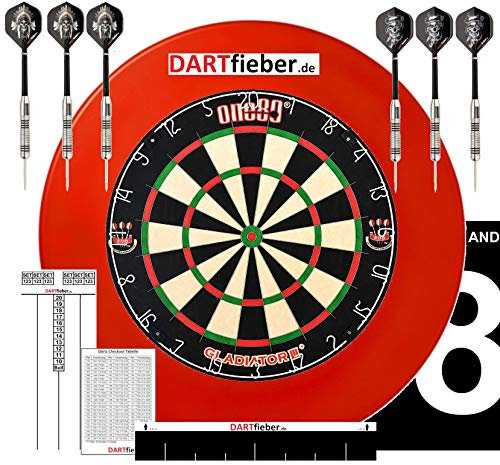 Mega Dart Starter Set Dartboard Gladiator 3 Surround ROT Abwurflinie 2 Set Steel-Darts Checkoutkarte Scoreboard Block Flyer Aufkleber