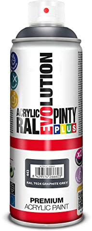 PINTYPLUS EVOLUTION Pintura Spray Acrílica Brillo 520cc Graphite Grey Ral 7024, Gris Grafito, 400 ml (Paquete de 1), 400