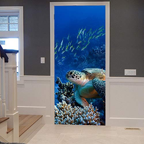 A.Monamour Türtapete Selbstklebend Türfolie Türposter 3D Meeresschildkröte Fische Korallen Riff Unterwasser Blauen Ozean Wasser Vinyl Folie Türdeko Tapete Wandbild Türaufkleber Türtattoo 90 x 200 cm