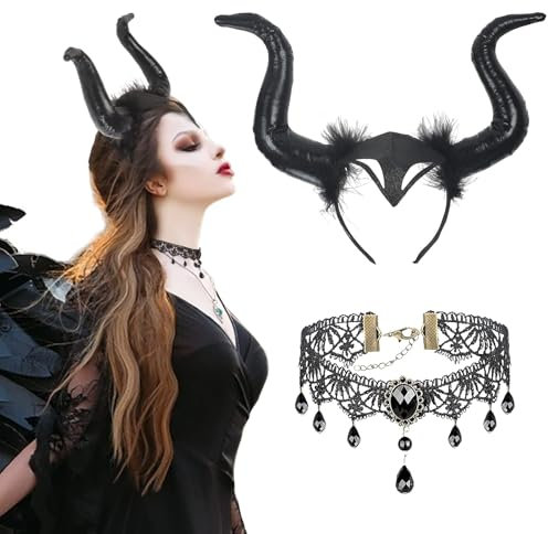 LAMEK 2 Pcs Königin Hörner Kopfschmuck Horn Kopfbedeckung Damen Halloween Haareif mit Gothic Retro Spitzenhalskette Straßenkarneval Kostüm Böse Stirnband Cosplay Haarband für Karneval Maskerade