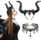 LAMEK 2 Pcs Königin Hörner Kopfschmuck Horn Kopfbedeckung Damen Halloween Haareif mit Gothic Retro Spitzenhalskette Straßenkarneval Kostüm Böse Stirnband Cosplay Haarband für Karneval Maskerade