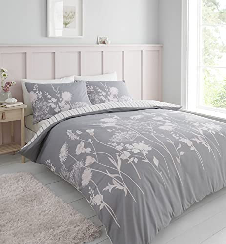 Catherine Lansfield Meadowsweet - Set copripiumino matrimoniale reversibile con federe, motivo floreale, colore: grigio e rosa