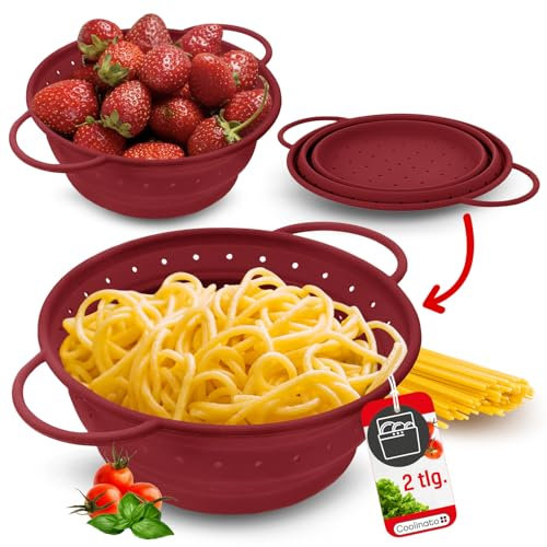 Coolinato Sieb aus Silikon 2er Set, faltbar spülmaschinenfest, Nudelsieb Abtropfsieb Dampfgar Einsatz, Küchensieb, 20 cm & 24 cm Rot