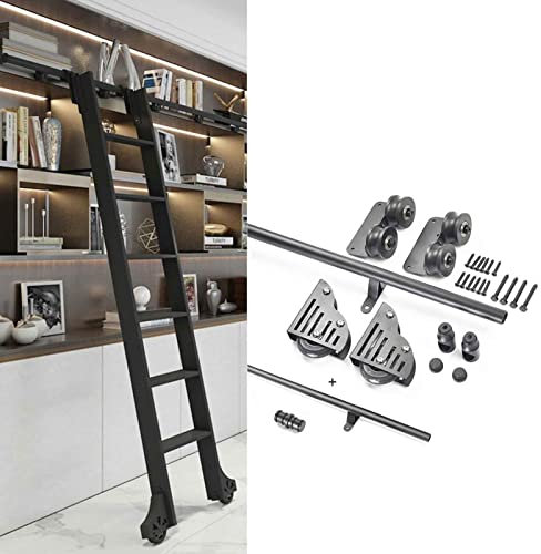 Set Di Scala Della Libreria Del Fienile Scorrevole Libreria hardware per scale mobili Ferramenta per scale scorrevoli con kit di ruote a rulli per pavimento Binario/binario rotondo da 3,3 piedi-20 pie