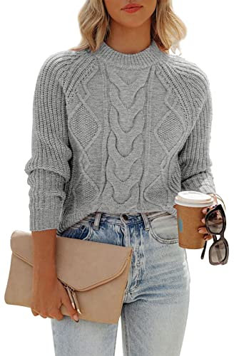 ANCAPELION Damen Kabel Pullove,Winter Casual Leicht Rundhals Langarm Einfarbig Elegant Gerippt Strickpullover,Rein Grau L