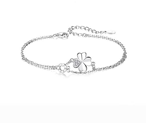 Belons Damen Armband Kleeblatt 925 Sterling Silber Zirkonia Vierblättrige Kleeblatt Charm Armband Mädchen Armkette Armkettchen Kinder Fußkettchen (Silber)