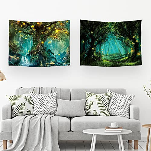 Ulticool – Wandteppich Dekoration Wohnung - Märchen Elf Baum Zauberwald Natur - Grün - Set von 2 Motiven – 73 cm x 95 cm - Wandtuch - Accessoires für Schlafzimmer Wohnzimmer Kinderzimmer