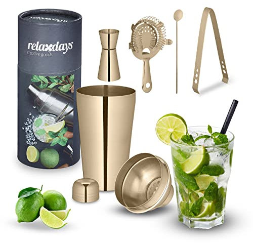 Relaxdays Cocktail Shaker Set, Edelstahl, 5-teiliges Bar Kit, 500 ml, Bar Zubehör für Zuhause, Cocktailmixset, Gold