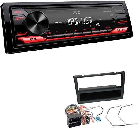 JVC KD-X182DB 1-DIN Autoradio DAB+ USB Digital Receiver inkl. Antenne mit Einbauset passend für Opel Corsa C 2004-2006 Charcoal