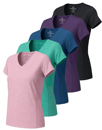 Real Essentials Damen Sport-T-Shirt, kurzärmelig, V-Ausschnitt, Dry-Fit feuchtigkeitsableitendes Yoga-Top (erhältlich in großen Größen), 5er-Pack