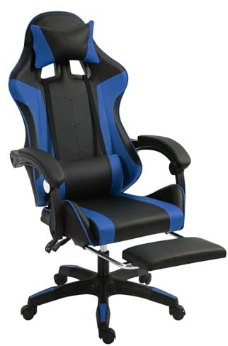 Generic Gaming Chair - Ergonomic Office & Home Gaming Chair with Lumbar Support, Reclining Footrest, Blue Faux Leather, Steel Frame