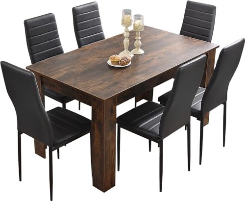 Blisswood Dining Table Set, Dining Table And Chair Set, Pu Leather Dining Room Chairs and 17mm Thick Table Top Long Modern Dining Table Set (Rustic Dining Table And 6 Black Chair)