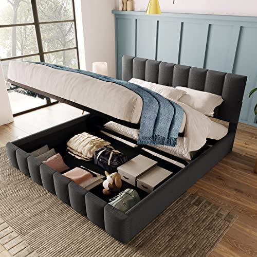 Hydraulisch Doppelbett Polsterbett 140x200cm, Verstellbares Kopfteil, Bett mit Lattenrost aus Metallrahmen, Leinenmaterial, Modernes Bettgestell mit Stauraum, Großer Stauraum, Grau (Ohne Matratze)