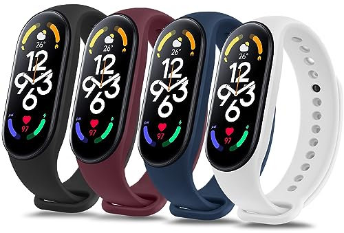 Vancle 4PACK Armbands für Xiaomi Mi Band 7 Armband für Damen Herren,Silikon Sport Weiches Ersatzarmband Uhrenarmband für Xiaomi Mi Band 7(Schwarz/Navy blau/Rotwein/Weiß)