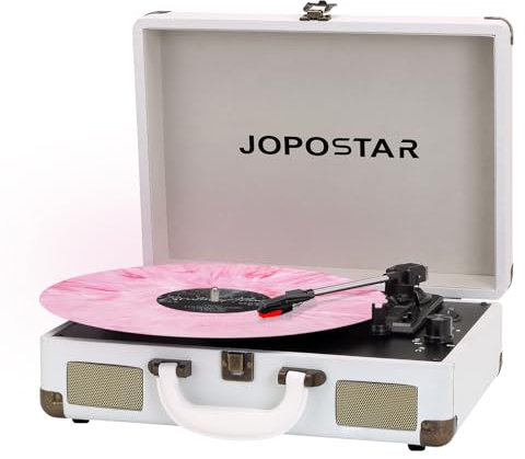 JOPOSTAR Vintage Plattenspieler Tragbares 3-Gang-Koffer-Design mit Bluetooth, PC-Aufnahme, wiederaufladbarer Akku, Stereo-Lautsprecher, 3,5-mm-Kopfhöreranschluss