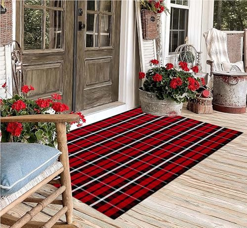 HXJDCL Weihnachtsteppich für die Veranda, 90 x 150 cm, rot und schwarz, weihnachtlicher Outdoor-Teppich, kariert, waschbar, handgewebte Baumwolle, Willkommens-Fußmatte für mehrlagige Fußmatte,