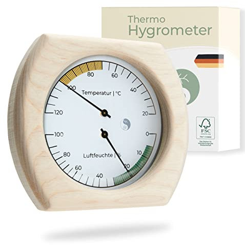 FSC zertifiziertes Sauna Thermometer Hygrometer (justierbar) - TÜV geprüft, hitzebeständig und präzise - hochwertiges Birkenholz - Sauna Zubehör Design: modern - rostfreies Montagematerial