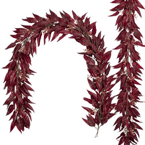 Oairse 2pcs Autumn Garland 5.5ft Artificial Eucalyptus Leaves Garland Fake Hanging Plant Fall Eucalyptus Leaf Vines for Indoor Outdoor Home Garden Thanksgiving Party Wall Fireplace Backdrop Decoration