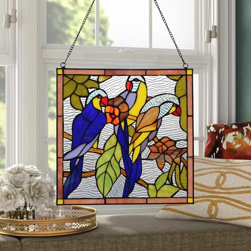 YOURANJU Quadratisches Buntglas-Fensterpaneel, handgefertigt, Tiffany-Stil, 30,5 cm, perfekt für Wohnzimmer, Schlafzimmer, Küche, Dekoration, Einweihungsgeschenk (Papagei)