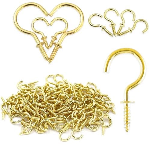 Cozevdnt 60 Pieces Ceiling Screw Hooks, Cup Hooks, Brass Plated Screw in Cup Hooks, Metal Ceiling Hooks Screw-in Eye Hook Holder, Screw-in Hooks for Hanging Plants, Gold