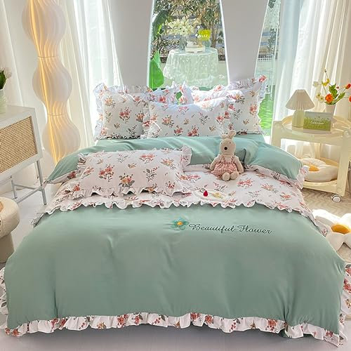 GETIYA Elegant Blumen Bettwäsche 135x200 Grün Bettwäsche mit Weiß Rüschen Damen Mädchen Bettwäsche Floral Muster Mikrofaser Bettbezug Blumen Muster Einzelbett Deckenbezug mit 1 Kissenbezug 80x80
