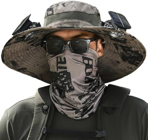 Wide Brim Solar Fan Hat,Solar Fan Hat Upf50+,Wide Brim Solar Fan Outdoor Fishing Hat-Solar & USB Charging (Ink Khaki)