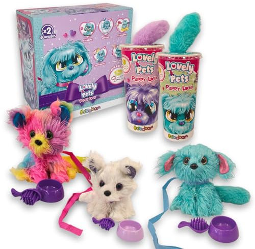 #sbabam Funny Box Lovely Pets Puppy Love, Kuscheltier Hund mit Zubehör, 2er-Pack, Spielzeug ab 3 Jahre mit Kleinen Tiere Figuren als Baby Geschenk - Plüschtier zum Waschen und Kämmen