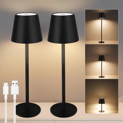 VARICART LED Tischlampe Kabellos mit Touch 2 Stück, USB-C Dimmbare Tischleuchte Akku LED mit 3 Farbtemperatur, Höhenverstellbar, IP54 wasserdicht für Restaurant, Schlafzimmer, Bar, im Freien(Schwarz)