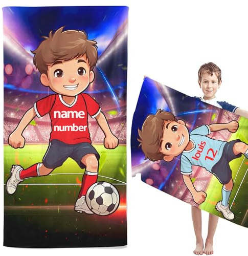 SMchwbc Personalisiert Fußball Strandtuch Mit Namen, Personalisiertes Fußball Handtuch Badetuch Mit Name Mikrofaser Strandtuch Kinder Badetuch Handtuch Saunatuch Fußball (1,70 x 140 cm)