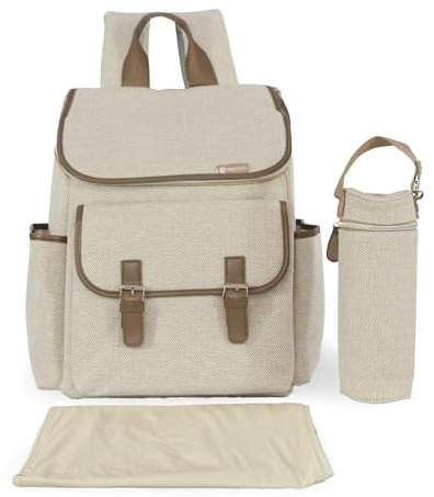My Babiie Changing Bag Backpack - With Insulated Bottle Holder, Portable Changing Mat, Baby Travel Bag, Nappy Back Pack, 9 Pockets - Oatmeal Herringbone