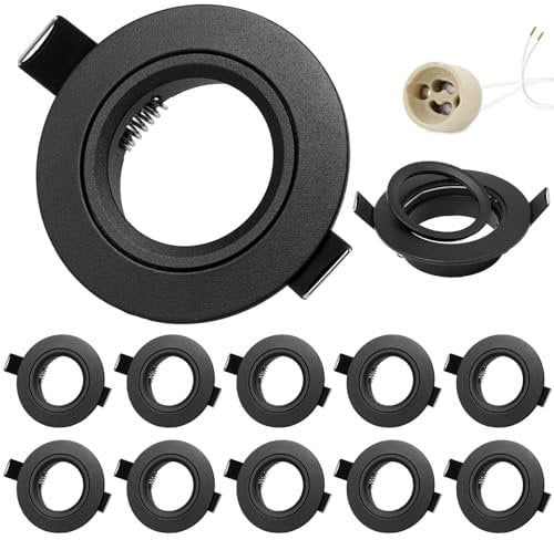 GeyouLux 10er set LED Einbaustrahler 230V Rahmen mit GU10 Fassung für GU10/MR16, LED Spots Matt Schwarz Rund Flach Deckenspots Aluminium Einbauspots Spot Einbaurahmen 68mm lochmass