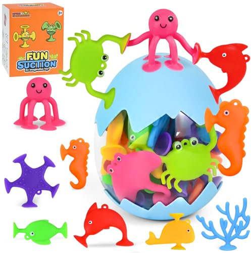 Ulikey Juguetes de Succión para Bebés, 24 Piezas Juguetes Sensoriales de Viaje con Ventosa con Huevos de Dinosaurio, Juguetes Bañera Silicona de Baño para Niños Aliviar el Estrés Regalos 3-8 Años