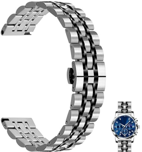 Juntan 7 Perlen Schnellspanner Uhrenarmband, 22mm Edelstahl Uhrenarmbänder für Männer Frauen, einstellbare Business Metall Armband mit Butterfly Silber Schwarz