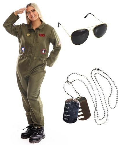 Costume d'aviateur de pilote VE Day pour femme – XXL – Combinaison verte avec patchs militaires, lunettes de soleil et plaques d'identité – Déguisement de pilote téléfilm pour femme
