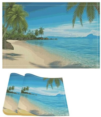 Lot de 6 sets de table résistants à la chaleur - Motif plage hawaïenne avec palmiers - Antidérapants - Protection de bureau - Facile à nettoyer - Pour cuisine