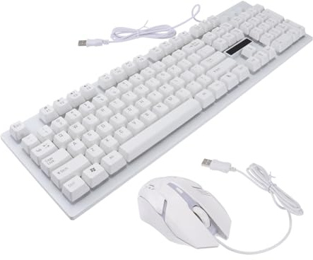 Ensemble Clavier et Souris Gaming USB Filaire Mécanique Lumineux Blanc | 104 Touches, Souris Quatre Touches, Plastique Résistant à L’Usure, pour Joueur, Bureau ou Café