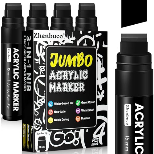 4 PCS Black Jumbo Permanent Markers - 15mm Wide Tip Thick Acrylic Paint Pen, Large Graffiti Acrylic Paint Markers for Rock Painting, Calligraphy, Poster, Canvas, Sign, Glass, Wood, Metal, Ceramic