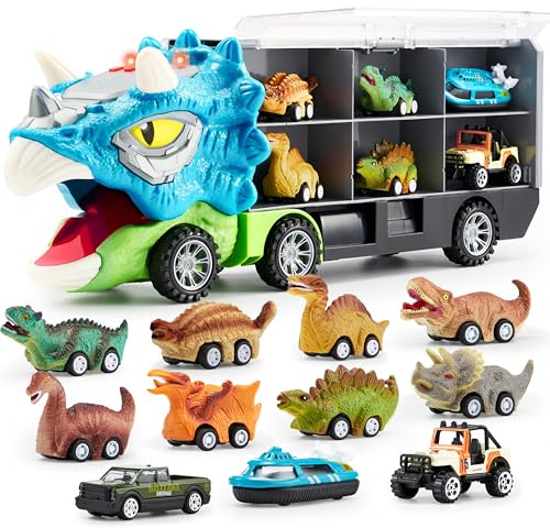 JOYIN Triceraptor Dinosaur Truck Toys for Boys Age 3-8,13 in 1 Dinosaur Toys 12 Pull Back Dinosaur Cars,1 Dinosaur Transport Truck with Music and Roaring Sound,Flashing Lights Gifts for Boys