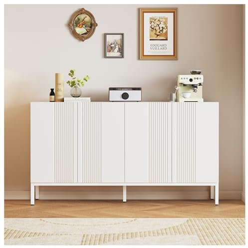 Wyibwy Aparador moderno de líneas únicas, 4 puertas, sin tiradores, para comedor, salón y cocina, 145 x 80 x 41,5 cm, blanco