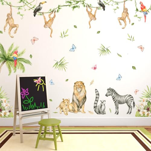 Wandtattoo Safari Tiere Wandaufkleber, 2PCS Wild Animal Wall Stickers, Dschungel Tiere Reben Wandaufkleber Giraffe Löwe Zebra Safari Blätter Wandsticker für Babyzimmer Schlafzimmer Wanddeko